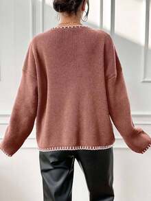 EURMUSE Women Dropped Shoulder Round Neck Long Sleeve Loose Casual Sweater, Autumn/Winter - Rusty Rose - View 2