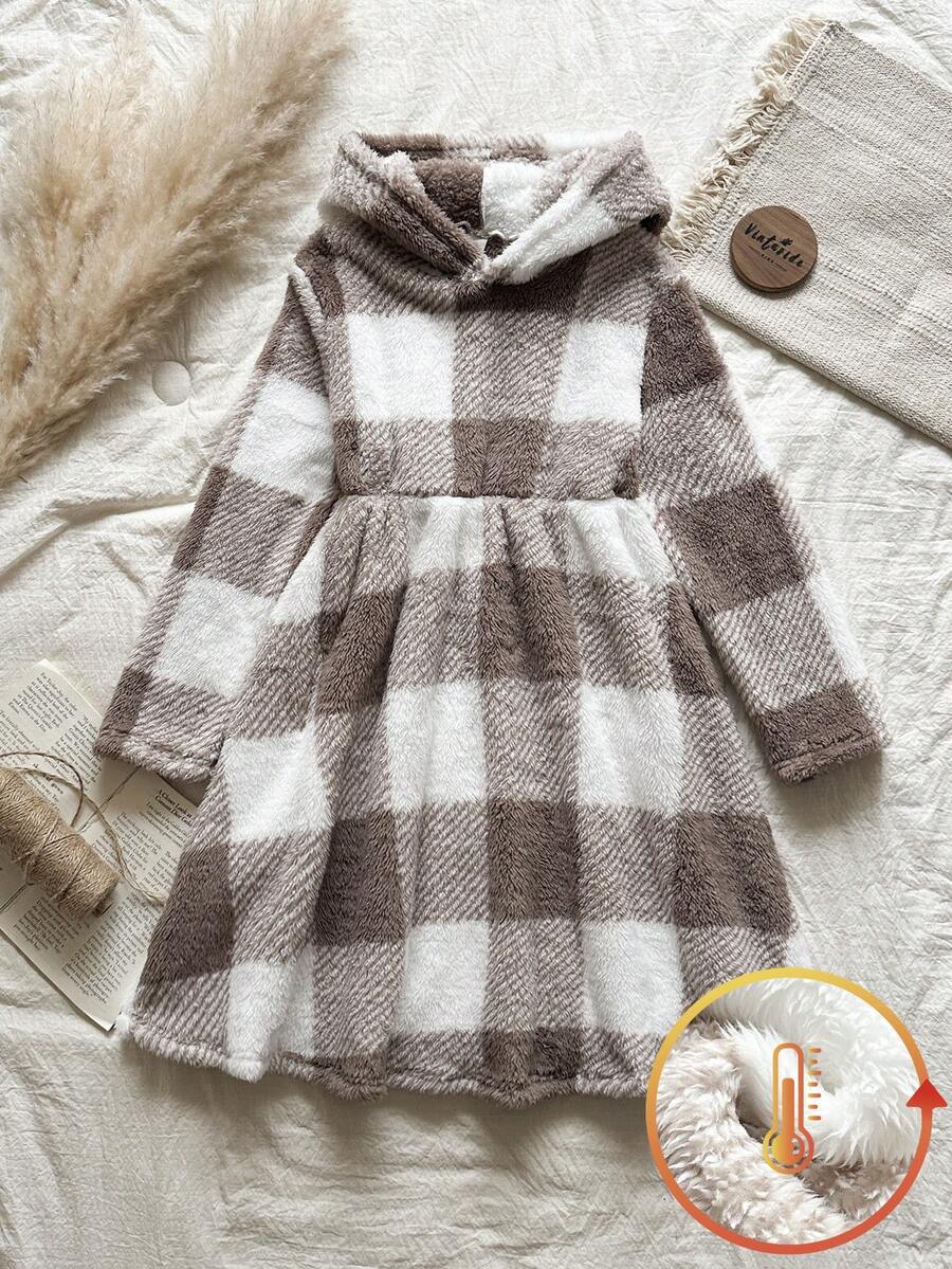 Vintaside Kids 少女冬季棕白格纹双面羊毛保暖连帽腰部 A 字中长连衣裙，时尚