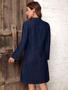 EMERY ROSE Women's Fashion Solid Color Front Button Casual Denim Dress - Dark Wash - View 2