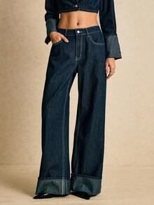Poéselle 女士通勤时尚条纹阔腿牛仔裤，低腰宽松牛仔裤，新年卷边牛仔裤，冬季款 - 深色水洗藍 - 查看 7