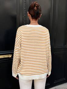 SHEIN Cottnline Women'S Striped Drop Shoulder Sweater - Orange - View 2