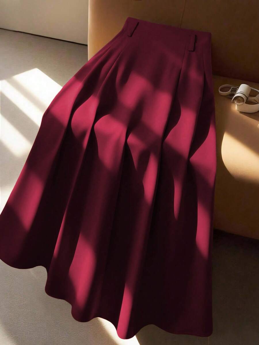 Plus Size Women High-Waisted A-Line Skirt, Elegant For Commuting - Burgundy - View 1