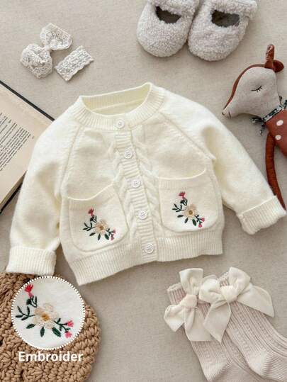 Blossori Chaqueta de punto de manga larga con botones delanteros y bolsillo bordado, elegante estilo francés para niñas bebé