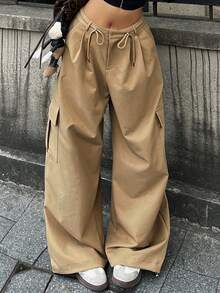 DAZY Women's Casual Solid Color Cargo Wide Leg Sports Pants - Khaki - View 3