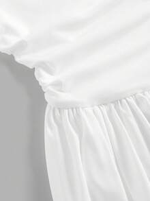 SHEIN Váy xòe trễ vai bèo nhún màu trơn thanh lịch cho bé gái tuổi mới lớn, mùa thu - trắng - Xem 4