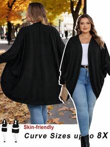 SHEIN CURVE+ Áo len cardigan dệt kim gân dáng rộng cỡ lớn, quần áo thu đông cho nữ - màu đen - Xem 1