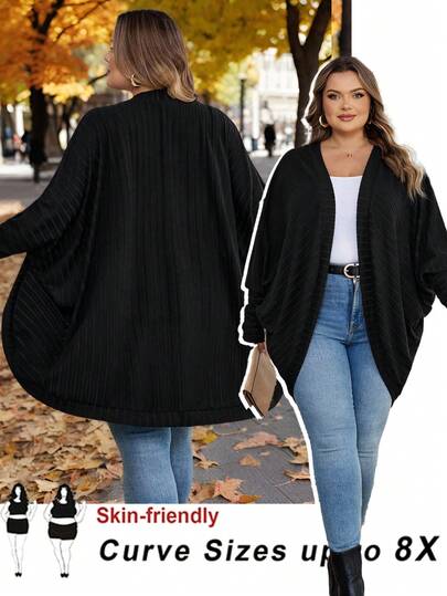 SHEIN CURVE+ 大码休闲宽松罗纹针织开衫毛衣女秋冬装