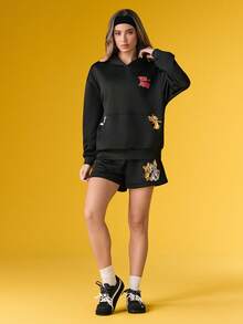 TOM & JERRY X SHEIN Women's Casual Letter & Cartoon Print Hoodie And Shorts 2 Pieces Set, Autumn - Black - View 6