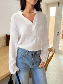 SHEIN Frenchy Solid Notched Neck Roll Up Sleeve Blouse 100% Cotton Winter White Casual Spring - White - View 1