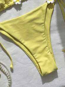 Swim Mod Women's Solid Color Halter Floral Decor Bikini Set, Spring/Summer - Yellow - View 6