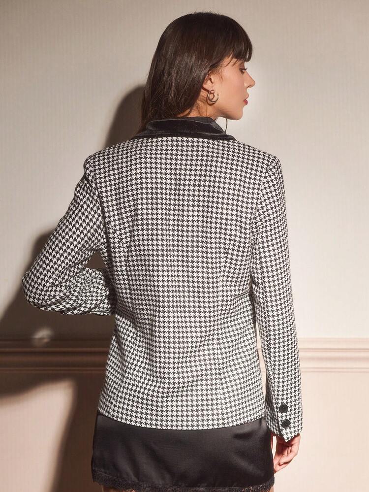 Dogtooth Check Print Double Breasted Blazer With Contrast Velvet Collar Vintage Style Chic Autumn Winter
