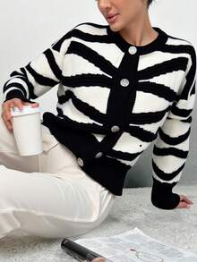 Cloudara Allover Pattern Drop Shoulder Button Front Cardigan - Black and White - View 4