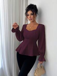 SHEIN Elenzya 优雅方领，收腰，多种面料拼接设计，喇叭形下摆，长袖，松紧袖口，精致，简约，适合通勤、办公室、浪漫、西西里派对、户外、短款衬衫、秋冬衬衫 - 紫紅色 - 查看 7