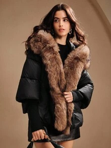 Anewsta Cropped Thick Hooded Oversized Furry Collar Ribbed Cuff Padded Coat, Suitable For Fall, Winter, New Year, Elegant, Chic, Stylish, Christmas, Going Out - Black - View 4
