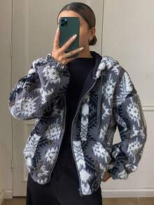 DAZY 花卉印花复古羊羔绒衬里连帽拉链宽松休闲街头女式夹克，秋冬 - 灰色 - 查看 4