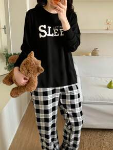 SHEIN 少女睡衣套装，简约韩版春秋新款，英文“SLEEP”印花黑色圆领长袖上衣搭配格子宽松舒适两件套家居服，返校格纹裤套装 - 黑色 - 查看 7