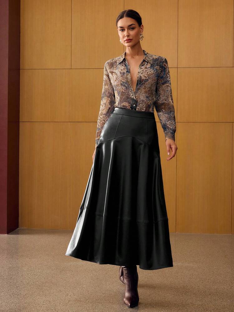 FALDA CAMPANA DE CINTURA ALTA DE CUERO PU PARA MUJER, OTOÑO/INVIERNO