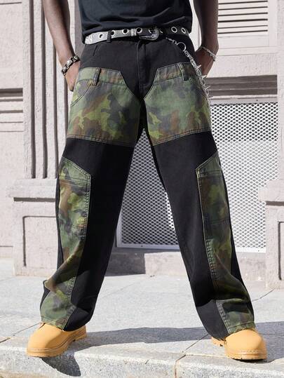 Street Life Jeans en denim casual pour hommes avec patchwork camouflage et poches en biais, automne, grunge