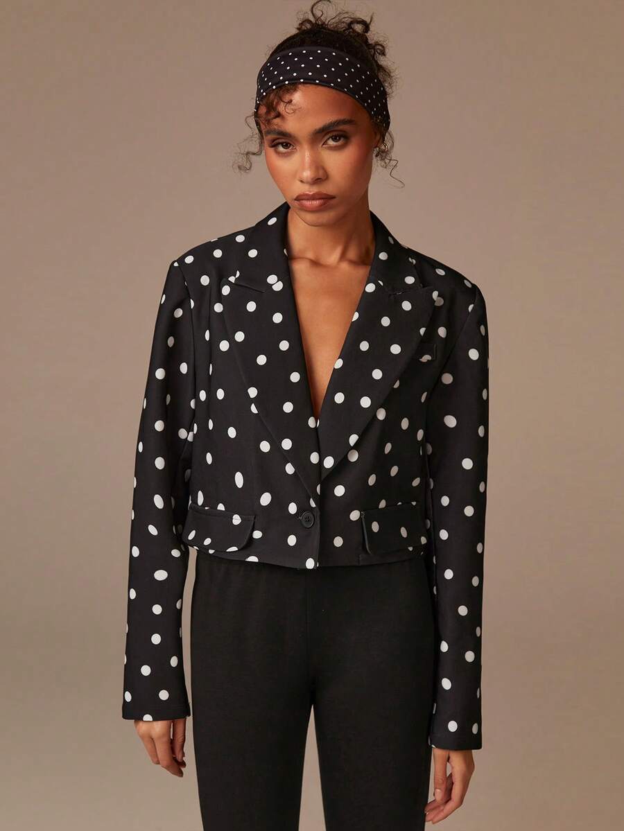 Athîral Women's Fashionable Polka Dot Print Jacket, Suitable For Both Work And Leisure, Business Casual, Christmas, Halloween, And New Year's, A Short Jacket For Going Out.