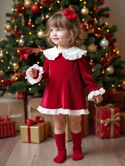 SHEIN Playful Pals Baby Girl Autumn/Winter Velvet Long Sleeve Dress, Red Color With Collar Ruffle Decor, Suitable For Casual, Outdoor, Party Occasions
