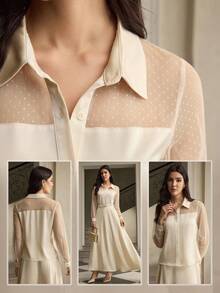 ZEYLAH 优雅女士波尔卡圆点网眼拼布长袖衬衫 - 杏色 - 查看 8