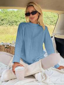 EURMUSE Women Solid Color Mock Neck Raglan Sleeves Sweater - Baby Blue - View 6