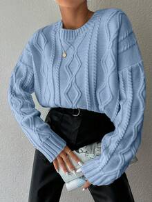 EURMUSE 1pc Women Casual Solid Color Drop Shoulder Loose Cable Knit Blue Sweater - Baby Blue - View 5