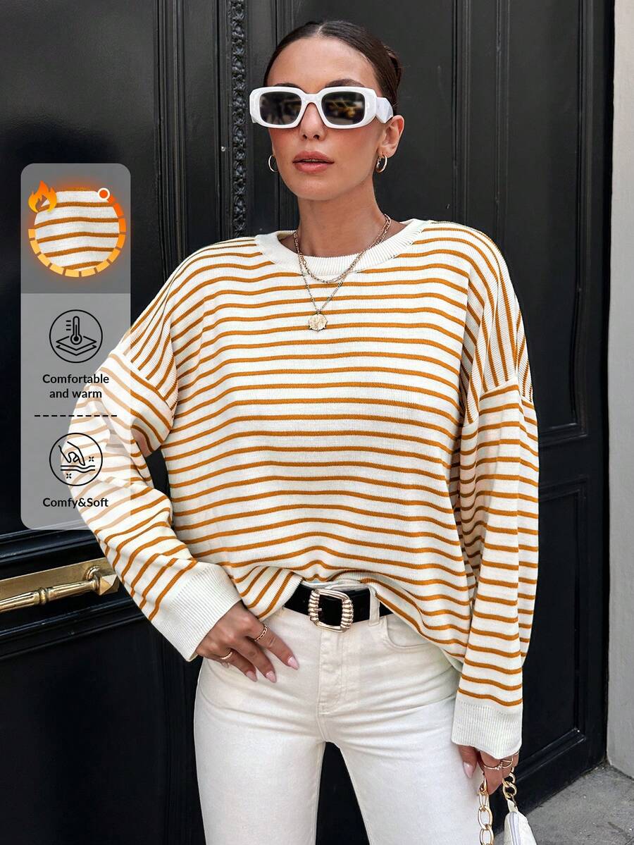 SHEIN Cottnline Women'S Striped Drop Shoulder Sweater - Orange - View 1