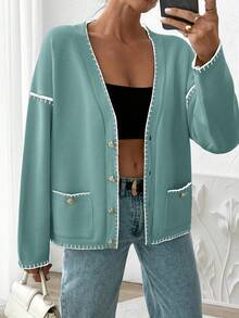 EURMUSE Women Solid Color Deep V-Neck Handmade Stitch Detailed Cardigan - Mint Green - View 3