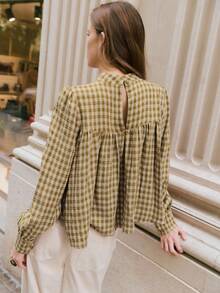 Nöista 格子衬衫，优雅高领，蓬松袖子，宽松廓形，为女性冬季提供别致精致的选择，非常适合打造精致的日常造型、优雅的派对装扮、节日圣诞装扮和优雅的新年装束。 - 棕色 - 查看 5