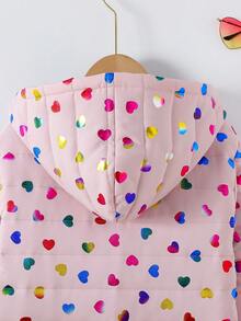 Tween Girl Elegant Pink Heart Laser Print Quilted Fabric Ribbed Cuff Long Winter Warm Cotton Padded Zip-Up Jacket