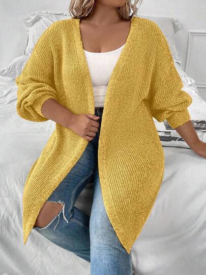 SHEIN LUNE Plus Size Women Solid Color V-Neck Drop Shoulder Casual Simple Versatile Cardigan Sweater, Autumn/Winter