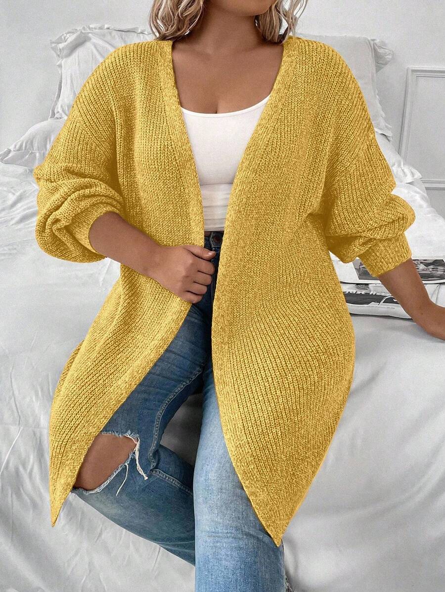 SHEIN LUNE Plus Size Women Solid Color V-Neck Drop Shoulder Casual Simple Versatile Cardigan Sweater, Autumn/Winter - Yellow - View 1
