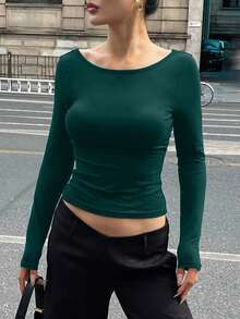 DAZY 女款性感純色露背緊身長袖T恤，秋季校園風 - 綠色 - 查看 4
