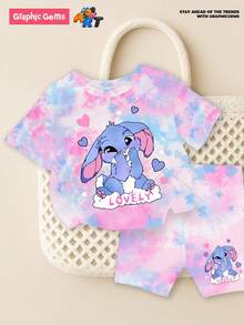 SHEIN 女婴卡通兔子印花扎染圆领短袖T恤和针织打底短裤套装，夏季扎染女婴亲子装 - 彩色 - 查看 9