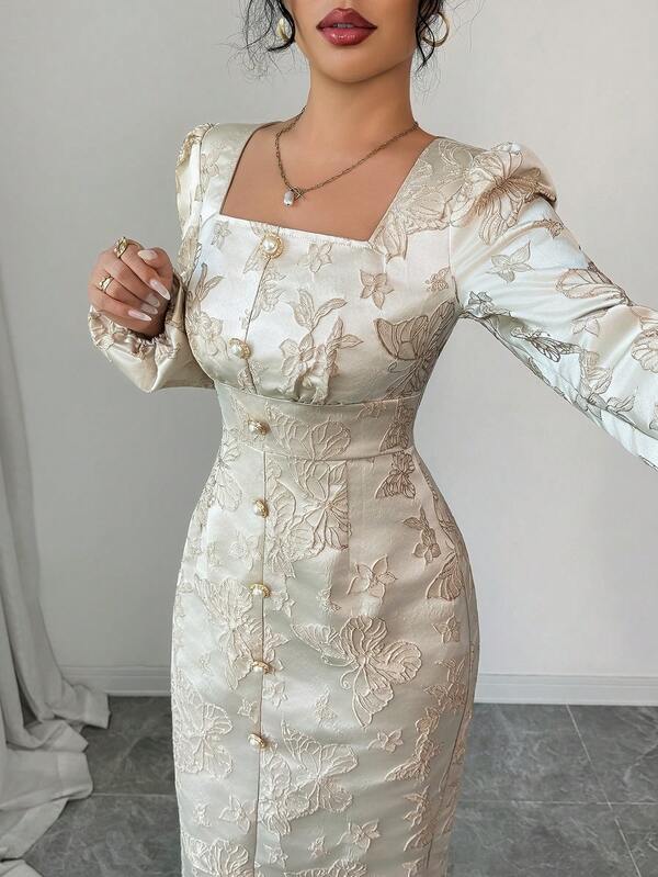 Elenzga Elegant Vintage Luxury Midi Dress, Champagne Color, Square Neck Long Sleeve, Waist Cinched, Textured Jacquard Fabric, Pearl Metal Button Decor, Slit, Autumn/Winter