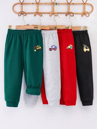SHEIN 4 件套年轻男童休闲可爱趣味卡通汽车印花运动裤针织长裤多件装，多种颜色可选，适合日常穿着、度假穿着、返校穿着、幼儿园穿着，适合秋冬季