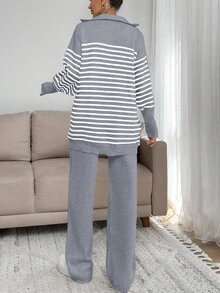 EURMUSE Women Stripe Pattern Zip Detailed Neck Drop Shoulder Pullover & Sweater Pants Set - Grey - View 4