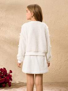 Girls' Sweet Fashion All White Winter Tea Party Outfit,Round Neck Long Sleeve Plush Fur Jacket With 3D Bow Design&High Waist Lamb Wool Short Skirt - White - View 2