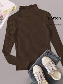 SHEIN EZwear Kaos Kasual Lengan Panjang Kerah Tegak Rajut Bergaris Cokelat Kopi untuk Wanita Ukuran Besar Musim Gugur - Coffee Brown - View 7
