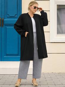 EMERY ROSE 大码女式休闲纯色拉链长夹克 - 黑色 - 查看 7