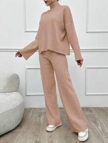 SHEIN Tall 素色長袖針織衫與針織長褲兩件套，適合高個女性 - 淺粉色 - 查看 5
