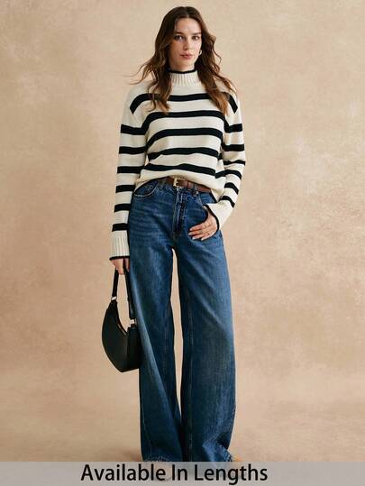 SHEIN Tall CURVE 大码黑白条纹高领毛衣，白色毛衣，女士毛衣，条纹毛衣，冬季女士立领长袖条纹简约针织毛衣，休闲日常，轻松打造时尚造型，简约时尚，复古风格，秋冬必备单品，长袖高领毛衣，女士条纹毛衣，女士条纹针织上衣，黑白条纹毛衣，女士套头毛衣