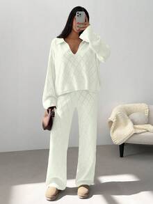 EURMUSE Woman Checkered Jacquard Polo Neck Two Pieces Sweater And Pants Co-Ords - White - View 6