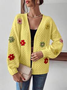 EMERY ROSE 女式彩色花卉装饰长袖休闲开衫 - 黃色 - 查看 3