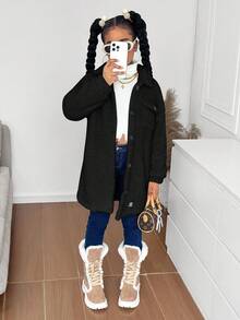 SHEIN Tween Girl Thermal Lined Lapel Pocket Button Front Mid-Length Coat, Autumn/Winter Girls Sherpa Coat Black Black Jacket Teen Girl Black Tween Girl Jacket Fall Coat For Tween Girls Long Cardigan For Girls