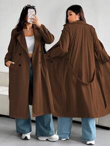 Vionelle 大码时尚纯色宽松风衣 - 咖啡棕 - 查看 1