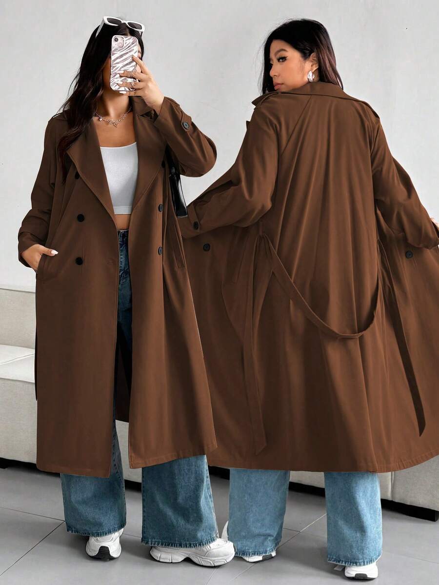Vionelle 大码时尚纯色宽松风衣 - 咖啡棕 - 查看 1