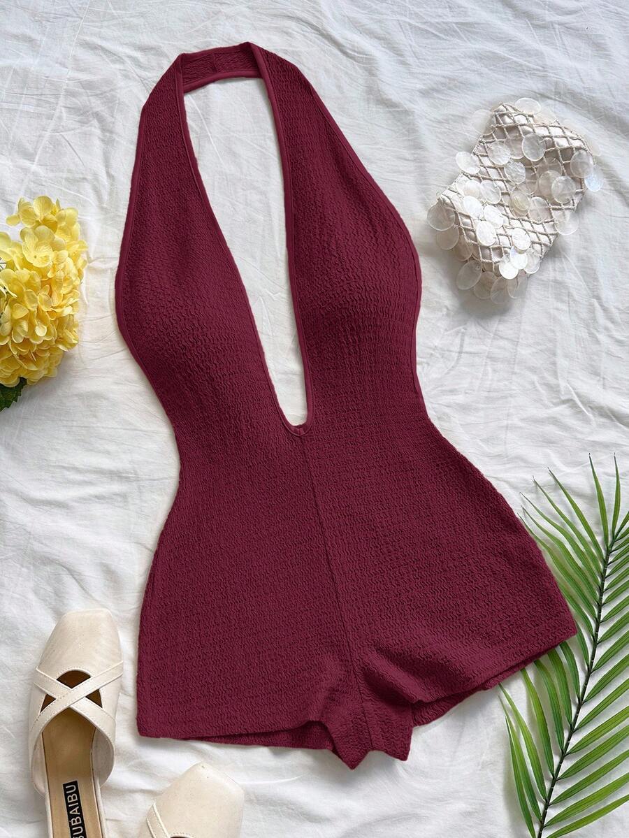 Soleia Women's Solid Color Minimalist Halter Jumpsuit, Everyday Wear,New Year Clothes,Chic Women's Jumpsuit - Burgundy - View 1