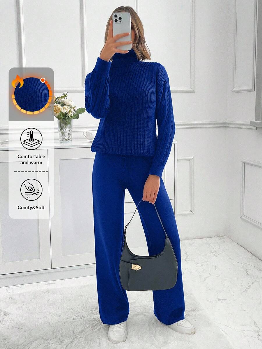 EURMUSE Turtleneck Drop Shoulder Sleeve Sweater And Pants Set,Co Ords Sets Women,Petite Co Ord,Co Ord,Petite,Winter Clothes - Blue - View 1